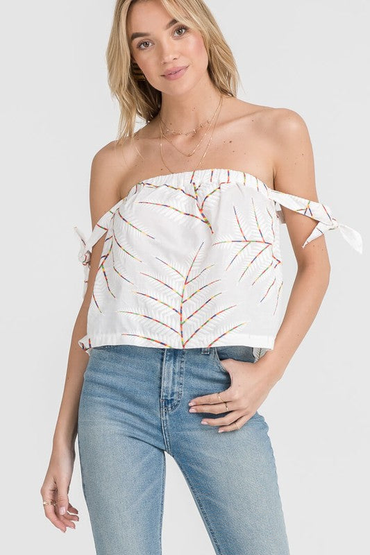 Fashion Off Shoulder Tie-Up Floral Embroidery White Top