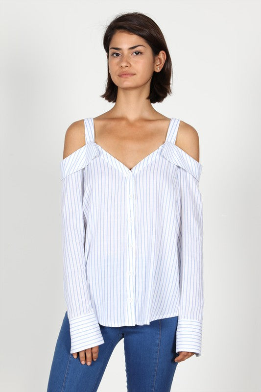 Fashion Off Shoulder Marine Stripe Button Down Top