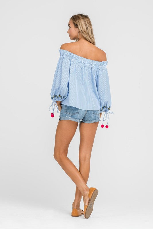 Fashion Puffy Sleeve Off Shoulder Embroidered Blue Stripe Top