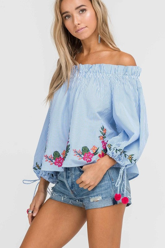 Fashion Puffy Sleeve Off Shoulder Embroidered Blue Stripe Top