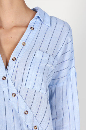 Fashion Casual Crossed Button Detail Blue Shirt
