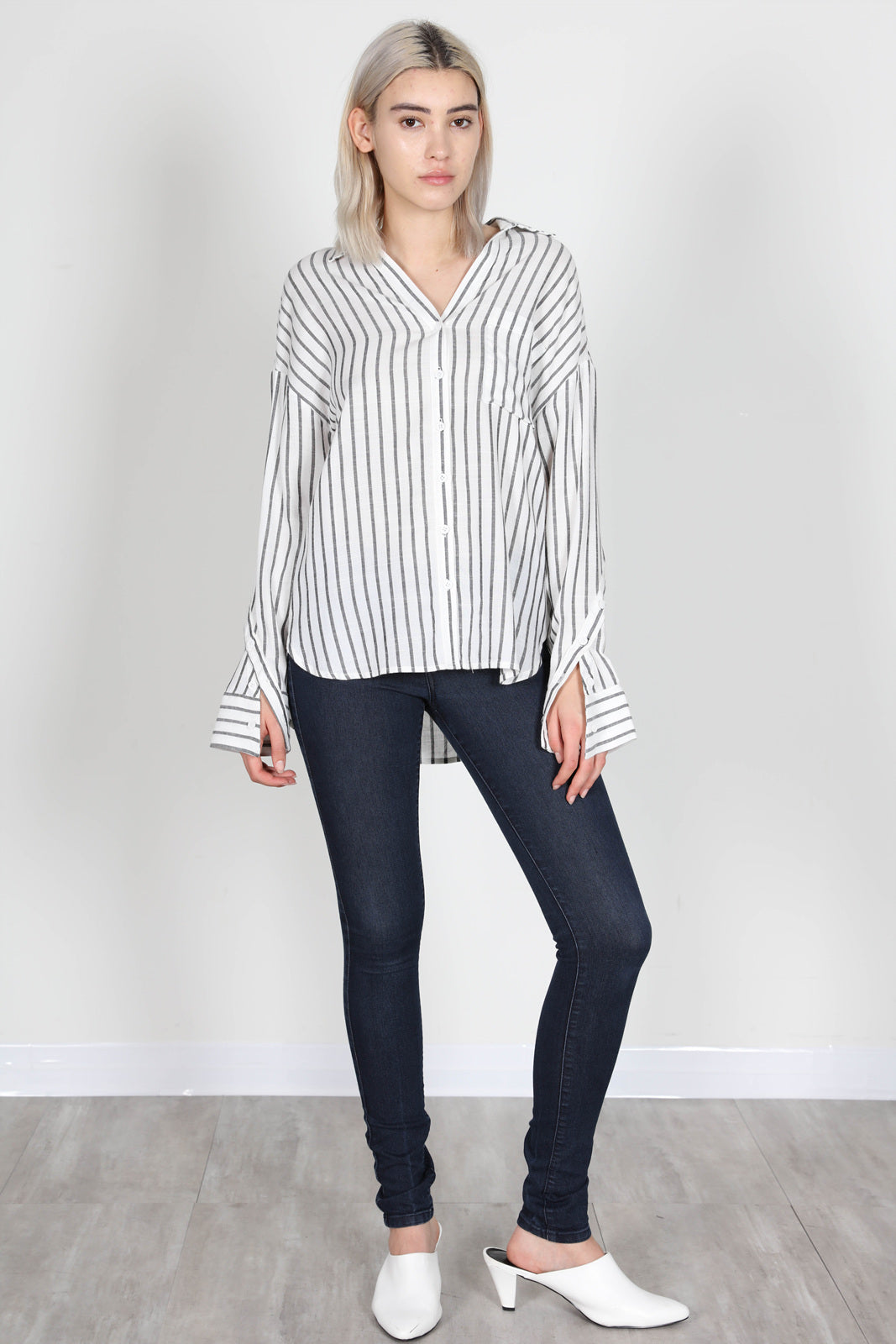 Fashion Casual Crossed Button Detail Sleeve Black Striped Shirt