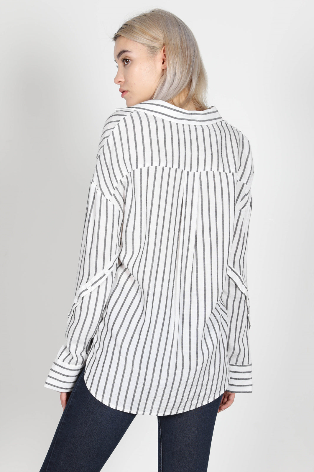Fashion Casual Crossed Button Detail Sleeve Black Striped Shirt