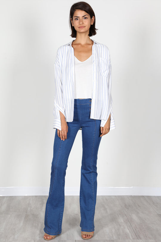 Fashion Casual Crossed Button Detail Sleeve Blue Striped Shirt