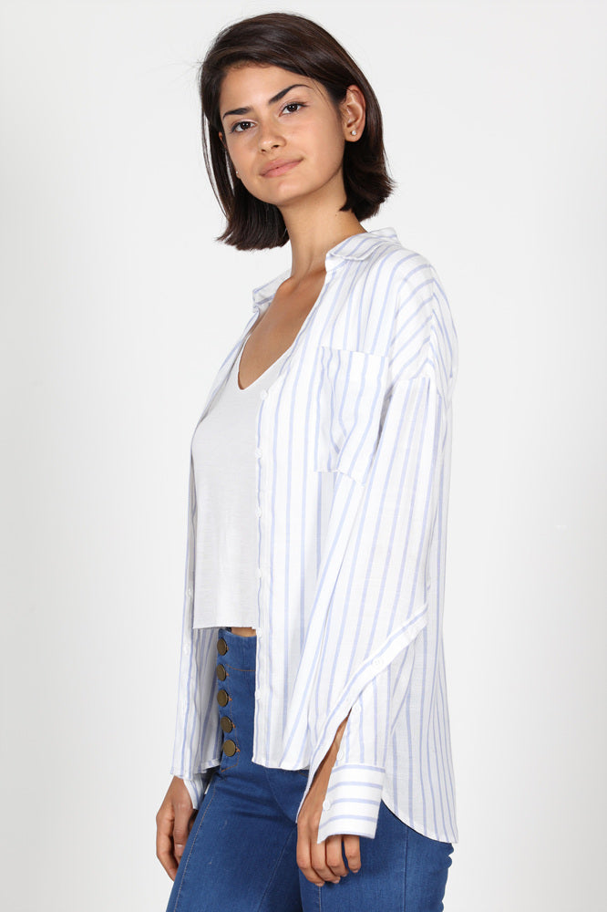 Fashion Casual Crossed Button Detail Sleeve Blue Striped Shirt