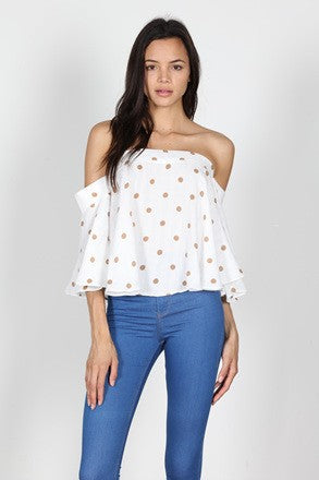 Fashion Beige Polka Dot Off Shoulder White Top