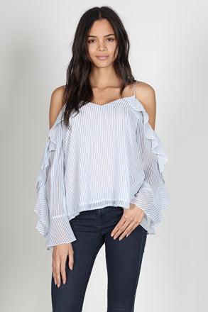 Fashion Strap Marine Stripe Ruffle Sleeve Top