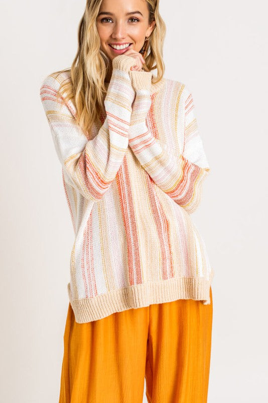 Elegant Beige Multi-Color Striped Knit Sweater