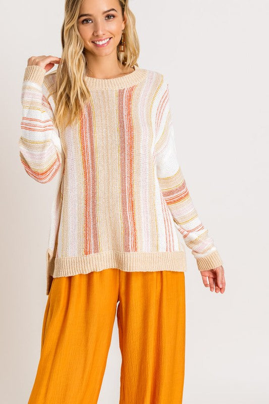 Elegant Beige Multi-Color Striped Knit Sweater