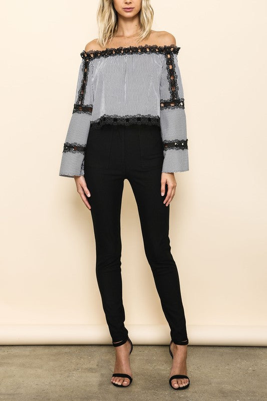 Elegant Off Shoulder Lace Striped Top