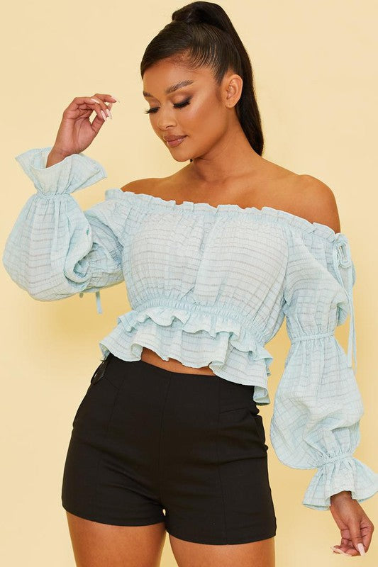 Fashion Off Shoulder Light Blue Textured Ruffle Top with Long Sleeve