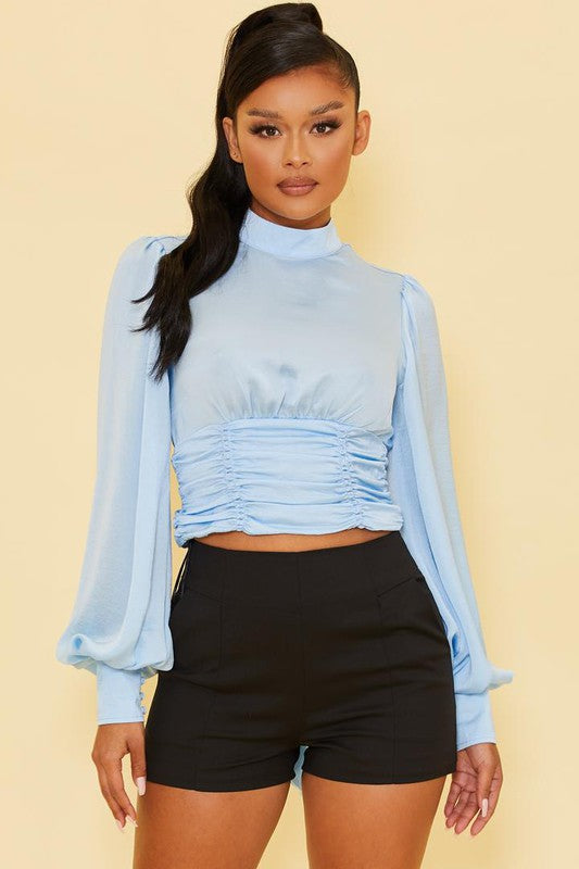 Elegant High Neck Satin Light Blue Open Back Tie-Up Top with Bell Sleeve