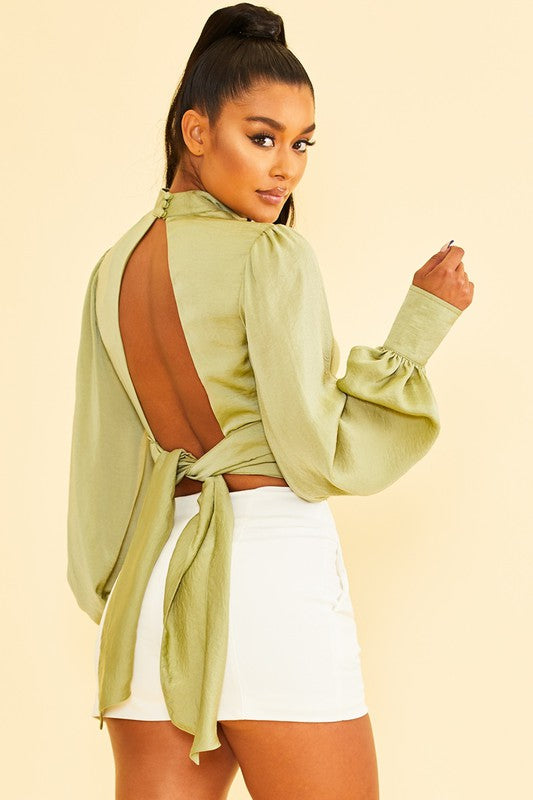 Elegant High Neck Satin Sage Open Back Tie-Up Top with Bell Sleeve