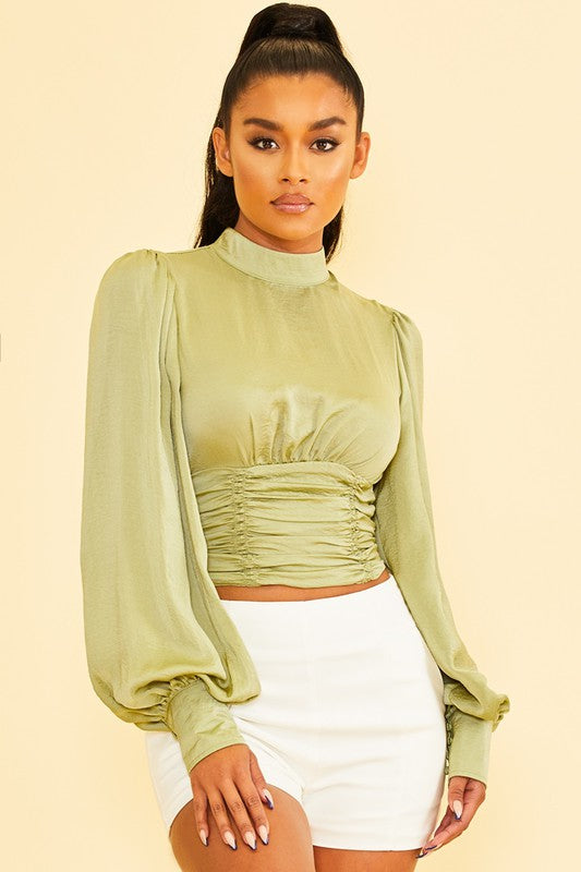 Elegant High Neck Satin Sage Open Back Tie-Up Top with Bell Sleeve