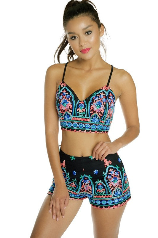 Summer High Waisted Black Embroidery Short