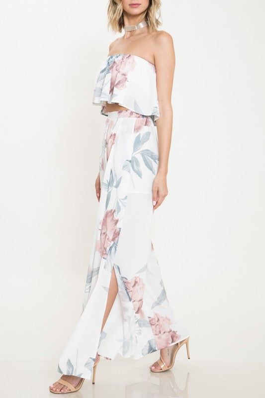 Elegant Strapless Ruffle White Floral Print Top