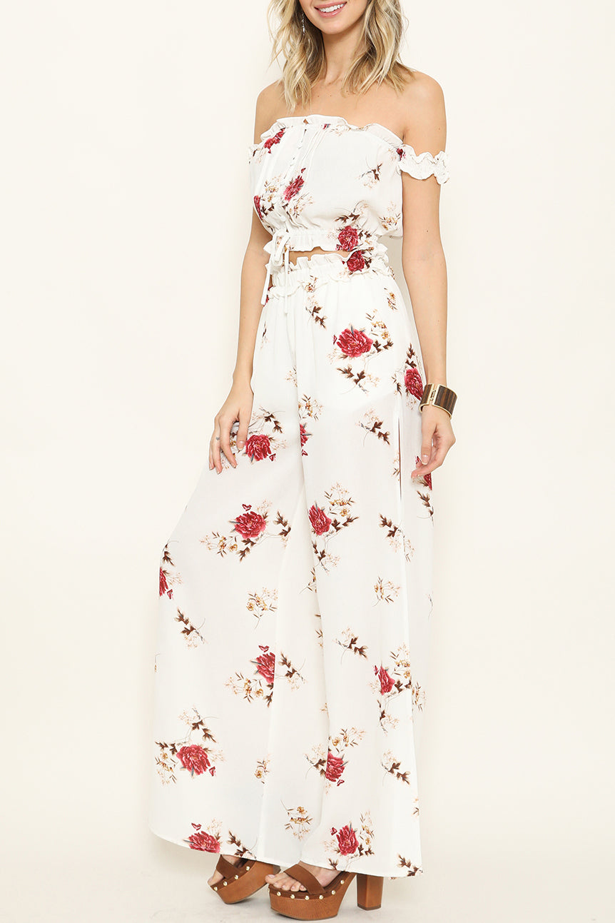 Summer Floral Wide Leg White Pants