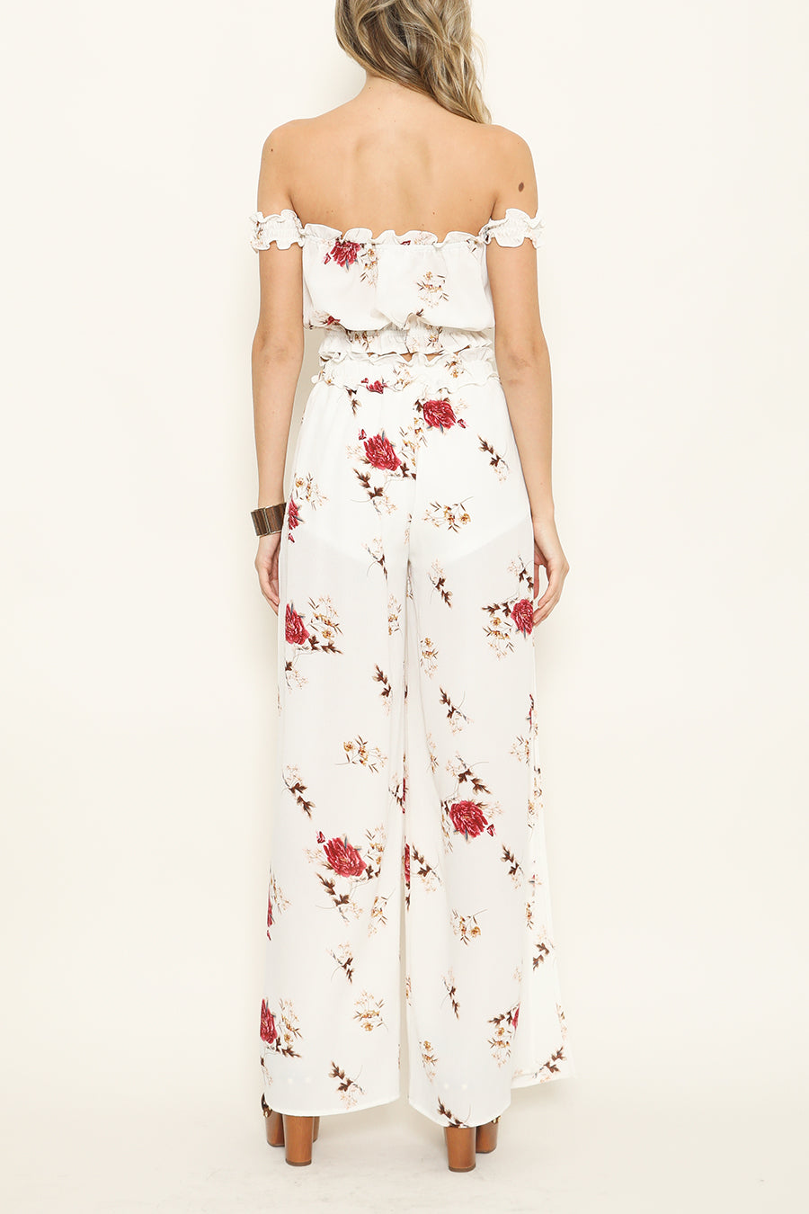 Summer Floral Wide Leg White Pants