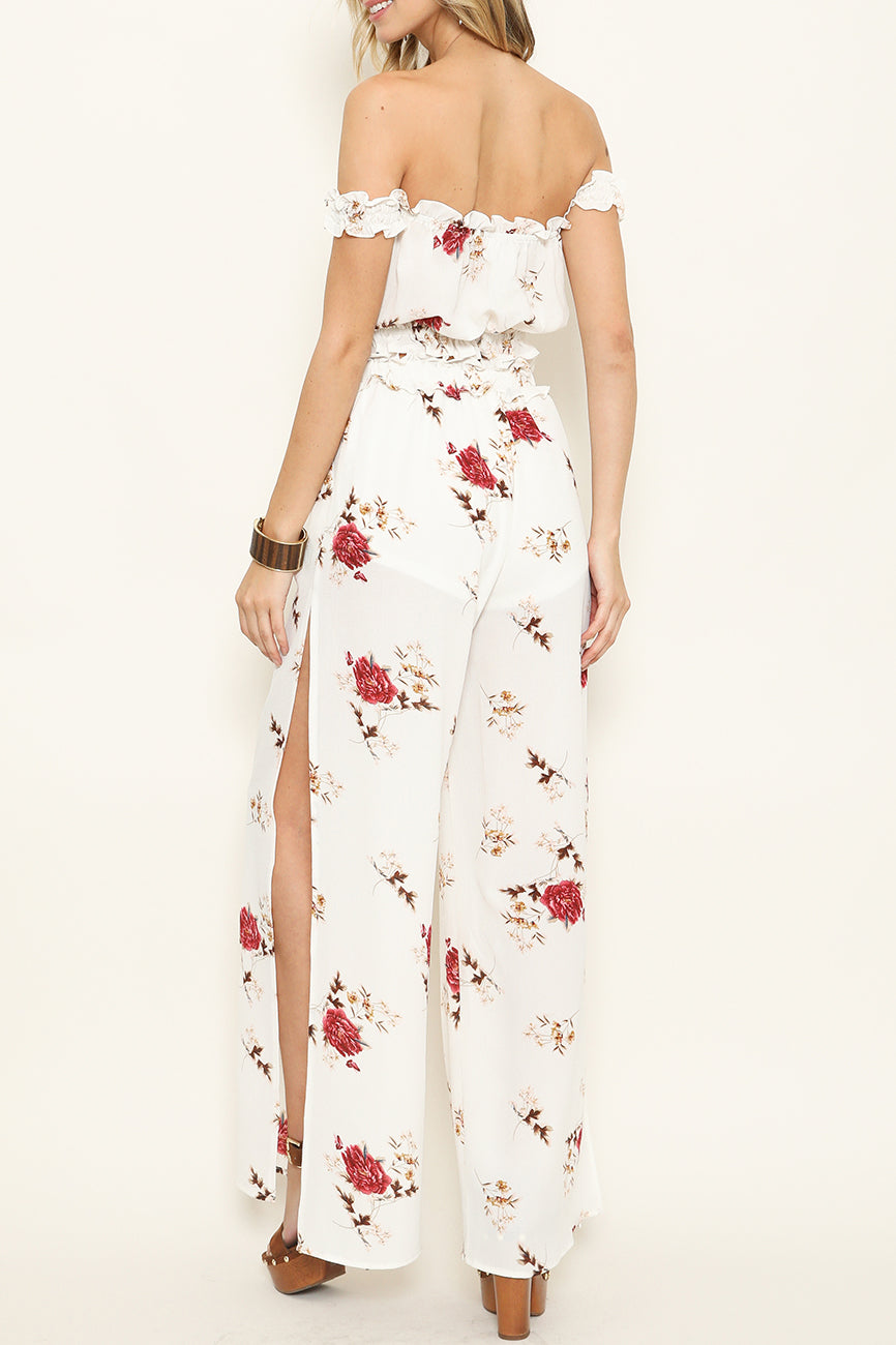 Summer Floral Wide Leg White Pants