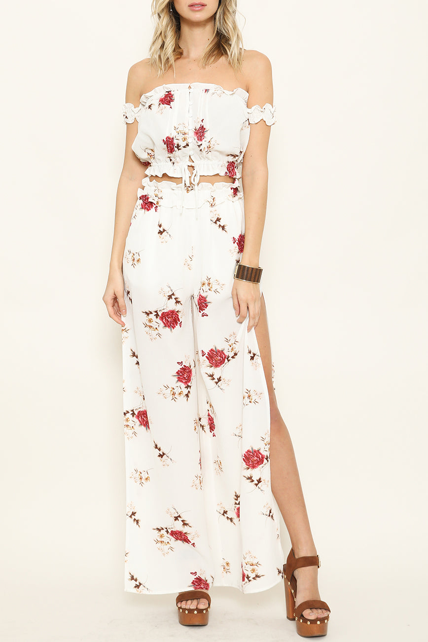 Summer Floral Wide Leg White Pants