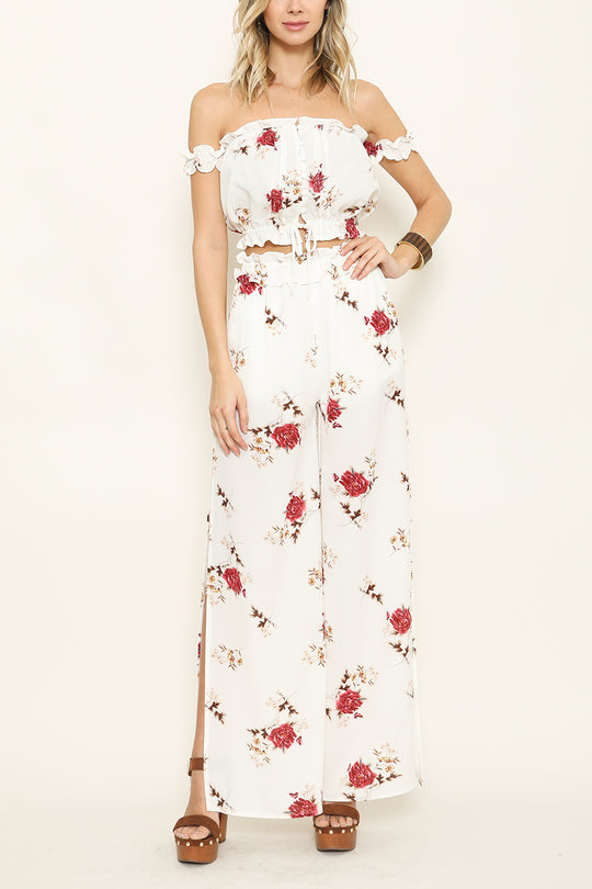 Summer Floral Wide Leg White Pants