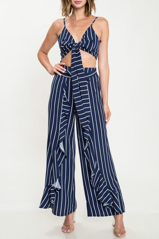 Elegant Ruffle High Waisted Navy Marine Pants