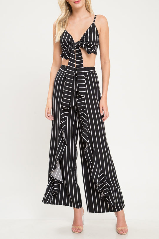 Elegant Ruffle High Waisted Black Marine Pants