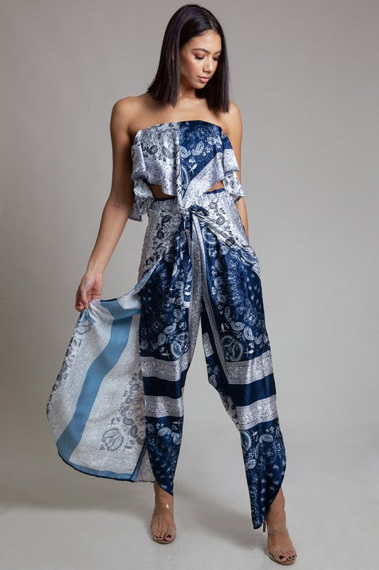 Elegant Blue Ethnic Print Tie-Up Cut-Out Pants