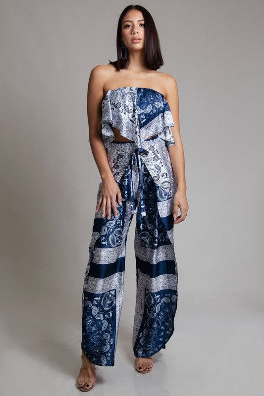 Elegant Blue Ethnic Print Tie-Up Cut-Out Pants