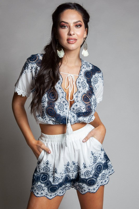 Fashion Summer White Tie Up Navy Lace Top