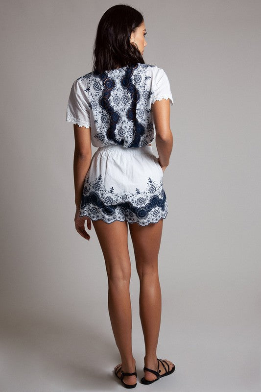 Fashion Summer White Tie Up Navy Lace Top