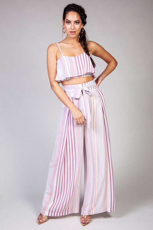 Fashion High Waisted Pink Multi-Color Marine Tie-Up Pants