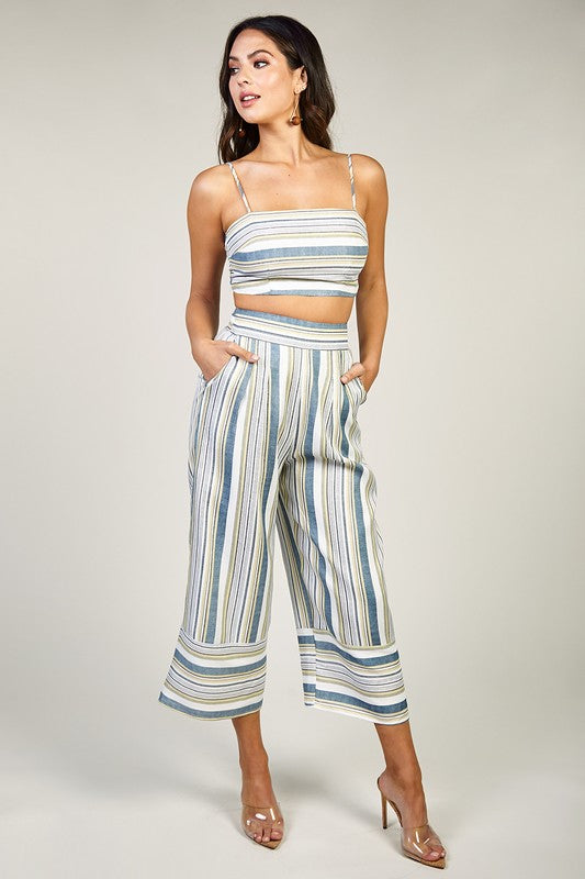 Fashion Summer Blue Multi-Color Striped High Waisted Pants