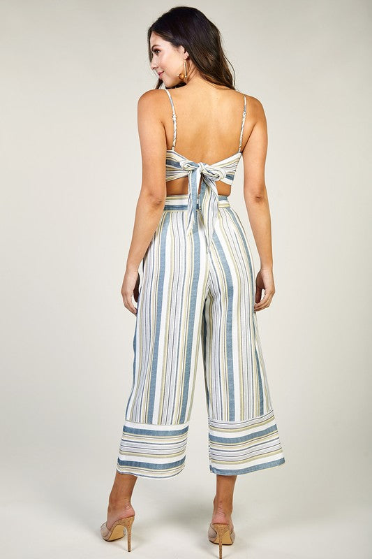 Fashion Summer Blue Multi-Color Striped High Waisted Pants