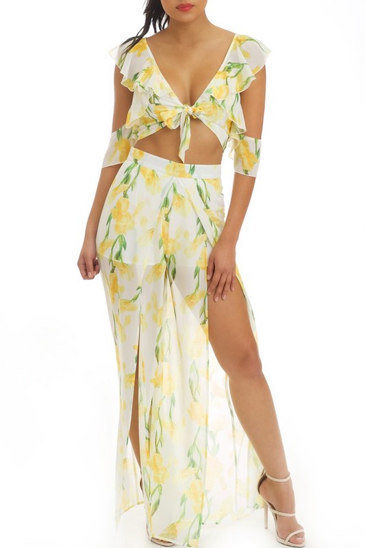 Fashion Off Shoulder Ruffle Tie-Up Multi-Color Floral Print Top