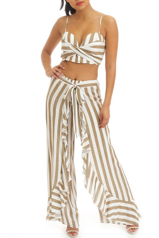 Fashion Summer Beige Marine Tie-Up Ruffle Pants