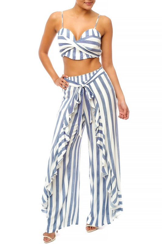 Fashion Summer Blue Marine Tie-Up Ruffle Pants