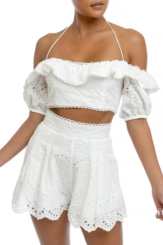 Fashion High Waisted White Lace Eyelet Ruffle Shorts