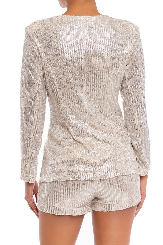 Elegant Nude Silver Sequence Jacket