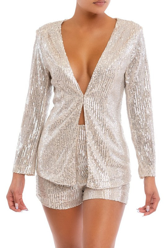 Elegant Nude Silver Sequence Jacket