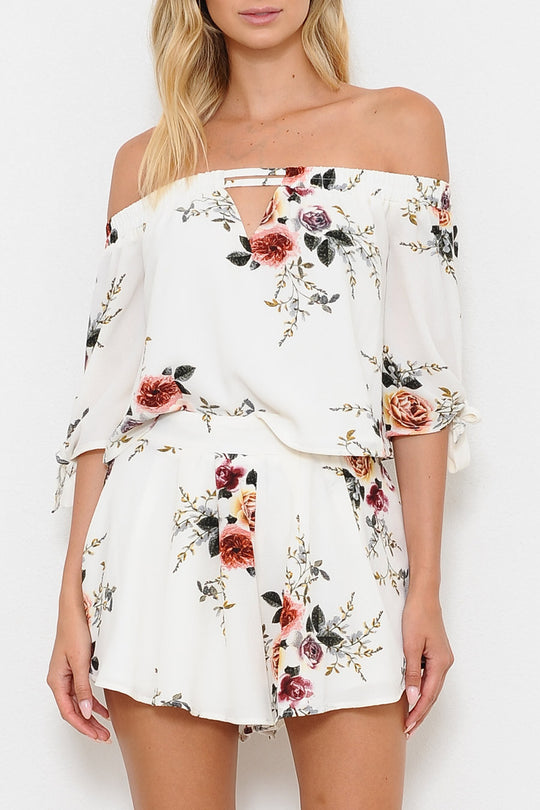 Summer Off Shoulder Floral Print White Top