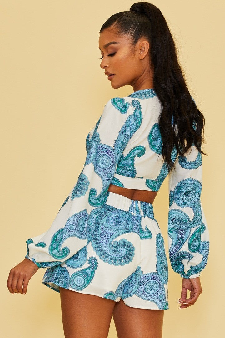 Elegant White Blue Baroque Print Front Tie-Up Crop Top with Bell Sleeve