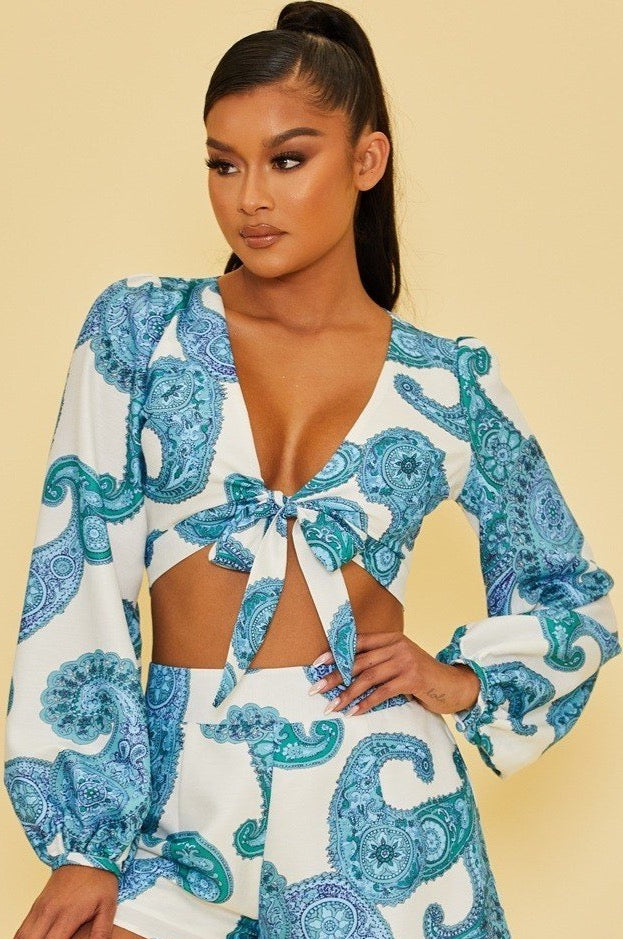 Elegant White Blue Baroque Print Front Tie-Up Crop Top with Bell Sleeve