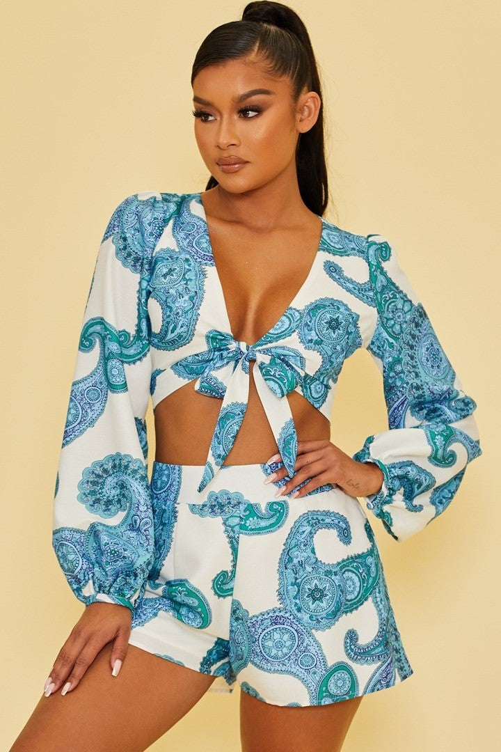 Elegant White Blue Baroque Print Front Tie-Up Crop Top with Bell Sleeve