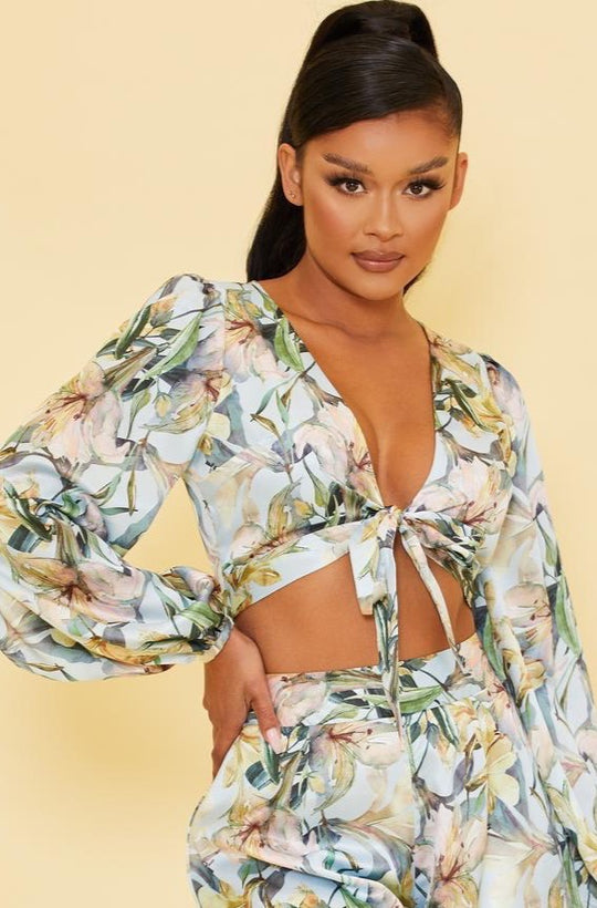 Elegant Light Blue Floral Print Satin Front Tie-Up Crop Top with Bell Sleeve