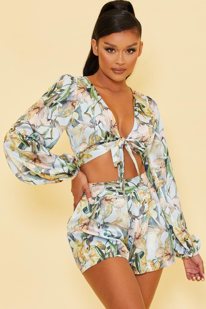 Elegant Light Blue Floral Print Satin Front Tie-Up Crop Top with Bell Sleeve