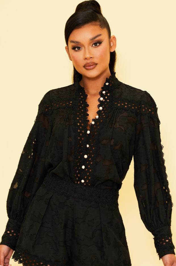 Elegant Black Lace Blouse Floral Detailed Textured with Pearl Button