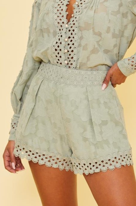 Elegant Sage Lace High Waisted Floral Detailed Textured Shorts