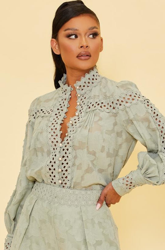 Elegant Sage Lace Blouse Floral Detailed Textured with Pearl Button