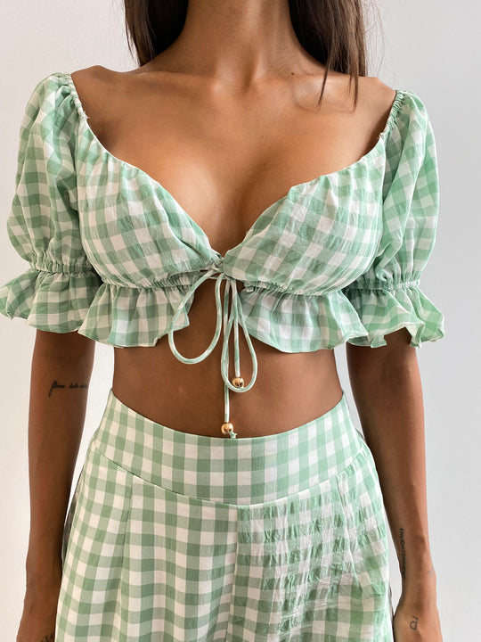 Fashion Pistachio White Checkered Print Off Shoulder Tie-Up Ruffle Crop Top